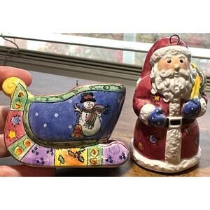 Set of 2 SANGO Classic Ceramic Christmas Ornament Santa and Sleigh